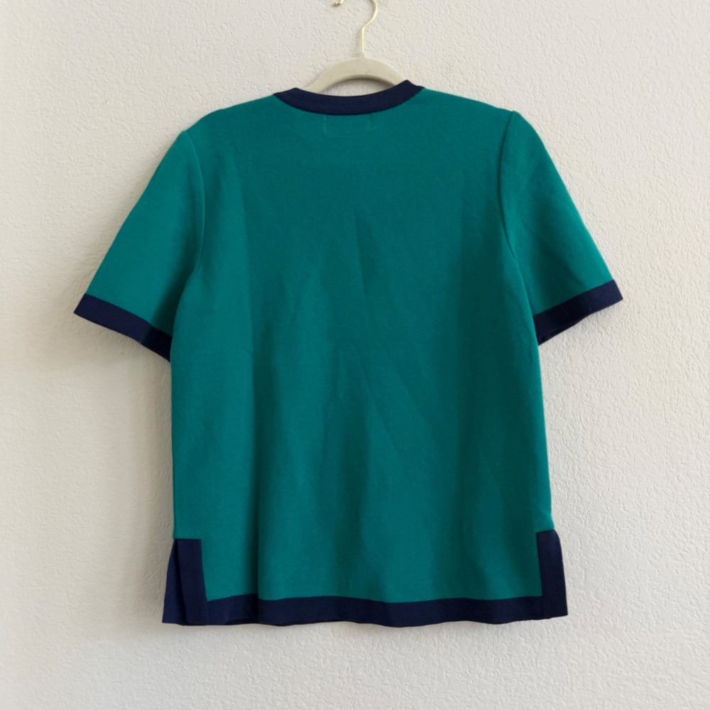 Yves Saint Laurent Vintage Knit Top Green Navy Blue Shoulder Button Short Sleeve - Picture 6 of 9